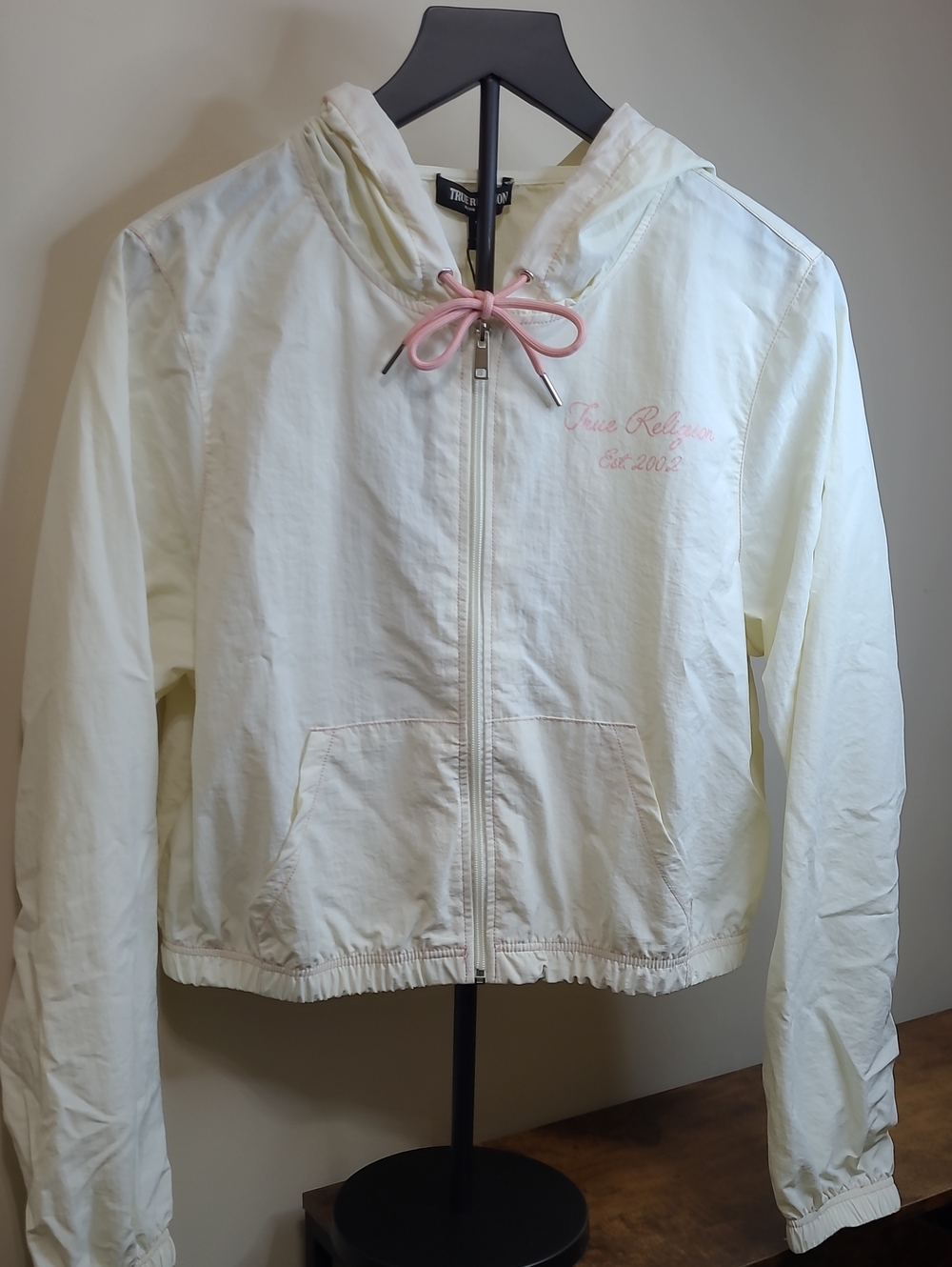 NWT True Religion Cream Nylon Track Jacket with Pink Contrast Stitching Size L